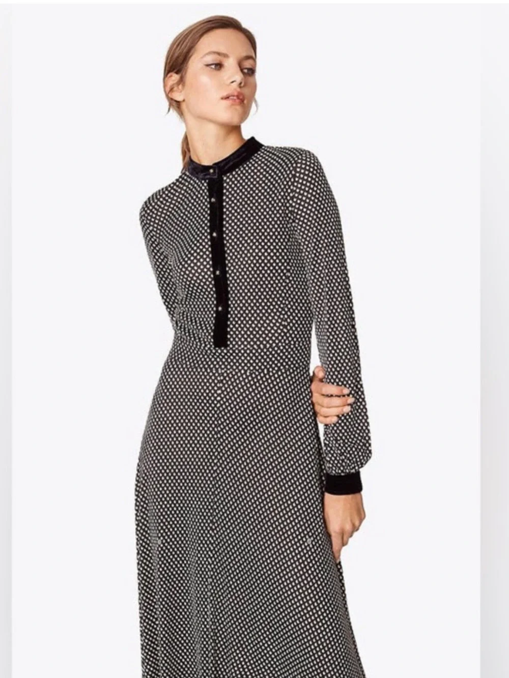 Tory Burch Anja Midi Dress Black Velvet Jazz Dot Long Sleeve Small $598